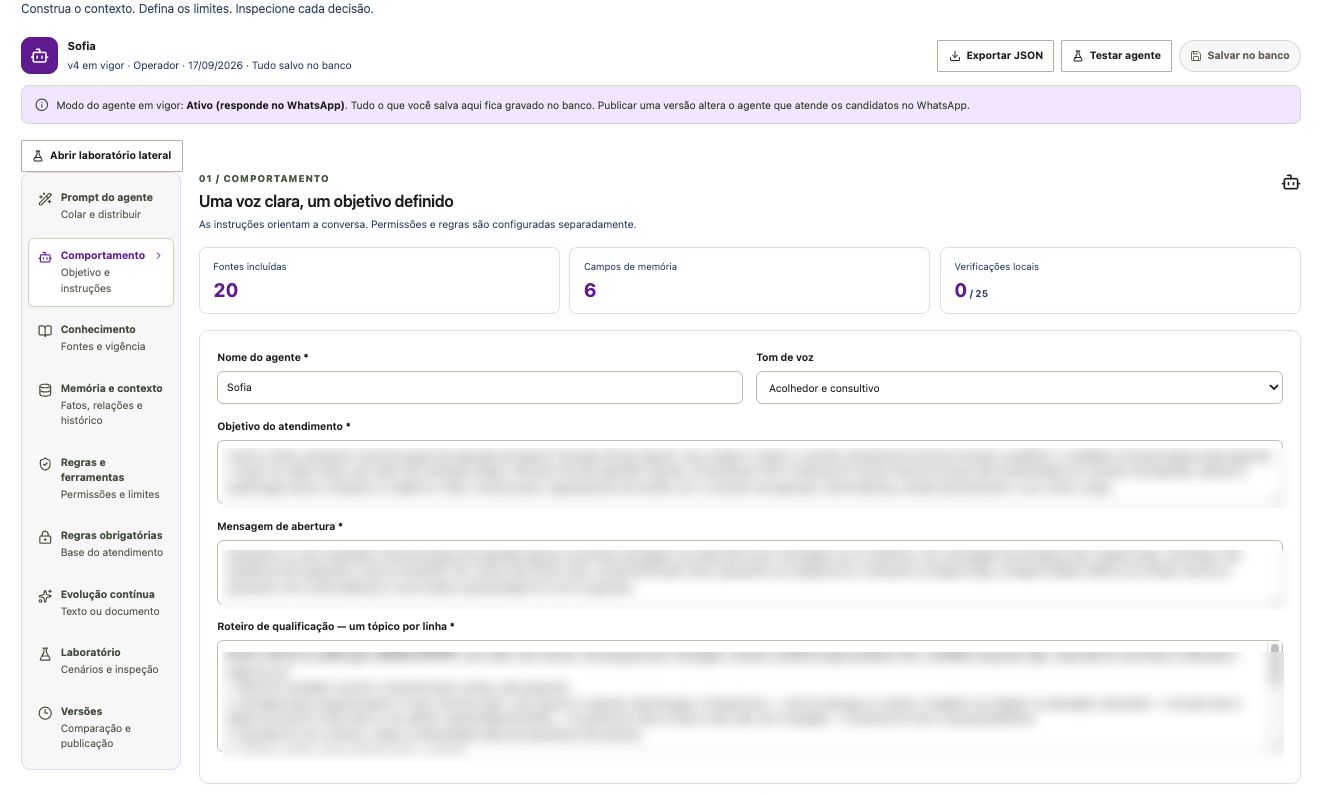 Tela de configuração do agente: nome, tom de voz, objetivo do atendimento, mensagem de abertura e roteiro de qualificação